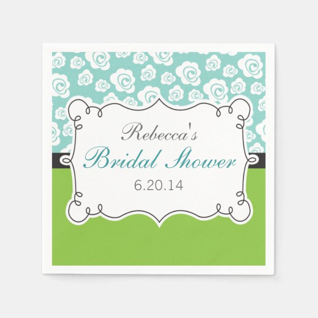 White Floral Teal Bright Green Bridal Shower Napkins (Front)