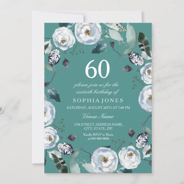 White Floral Teal Green 60th Birthday Invitation (Front)