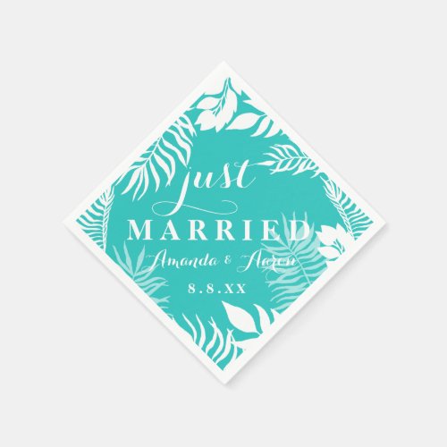 White Floral Teal Mint Blue Pastel Just Married Napkins