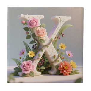 White Floral Textured Monogram Letter X Ceramic Tile
