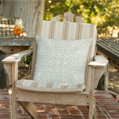 White Floral Tribal Art On Ivory Beige Green Outdoor Pillow