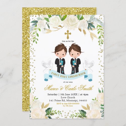 White Floral Twin Boy First Holy Communion Invitation