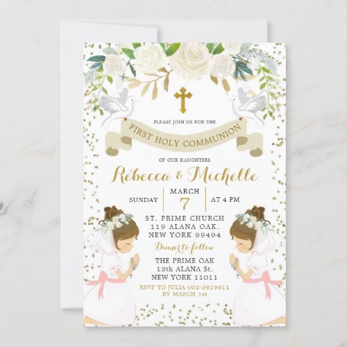 White Floral Twin Girl First Holy Communion Invitation