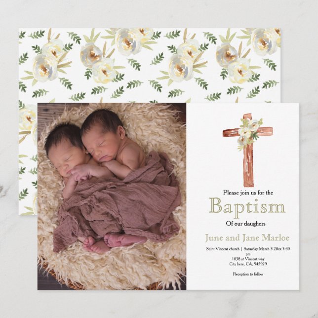 White floral twin sibling baptism photo Invitation (Front/Back)