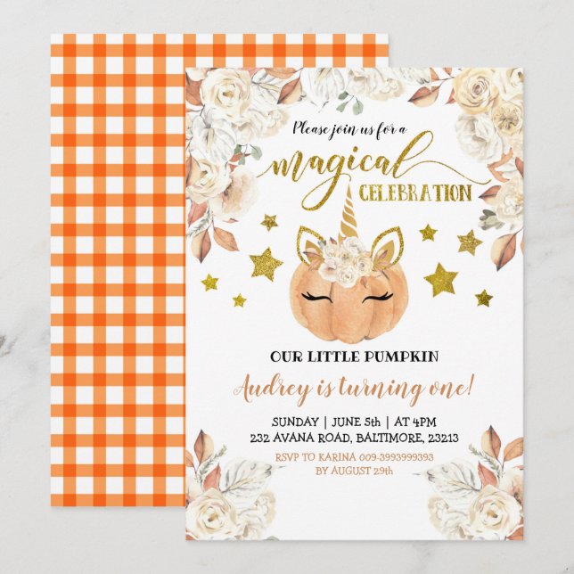 White Floral Unicorn Pumpkin is Turning One Invitation (Front/Back)