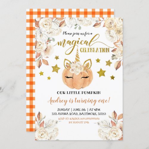 White Floral Unicorn Pumpkin is Turning One Invitation