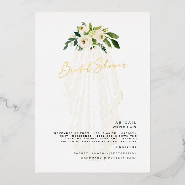 White floral Veil Gold Foil Bridal Shower Foil Invitation (Front)