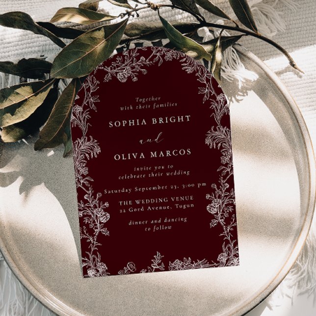 White Floral Vintage Deep Burgundy Wedding Invitation (Creator Uploaded)