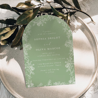 White Floral Vintage Sage Green Wedding Invitation