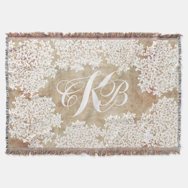White Floral Vintage Throw Blanket (Front)