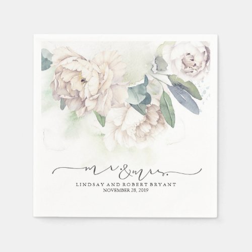 White Floral Vintage Watercolor Wedding Napkins