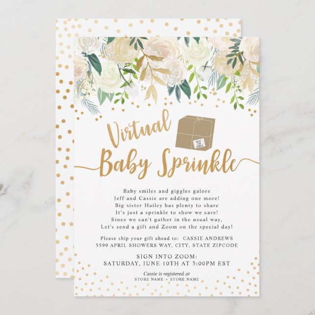White Floral Virtual Baby Sprinkle baby shower Invitation (Front/Back)