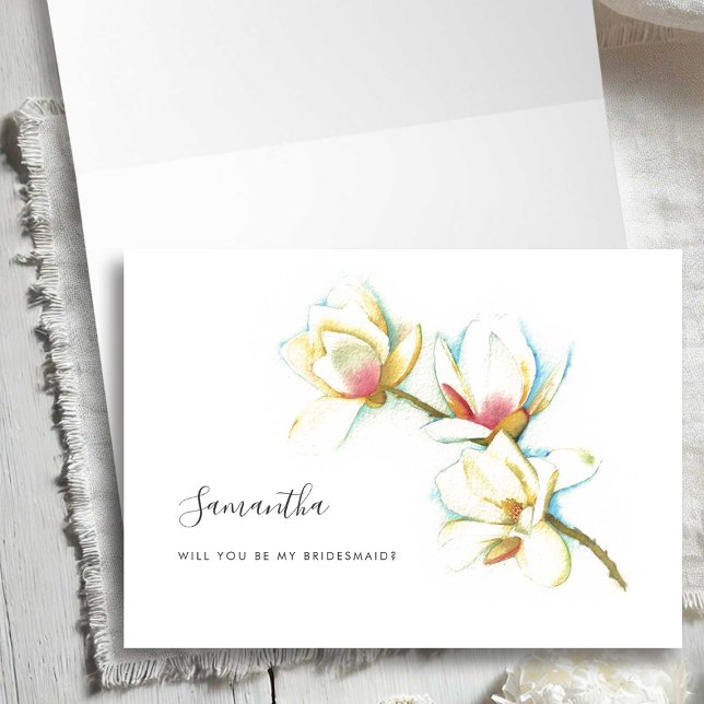 White Floral Watercolor Bridesmaid Proposal Cards (Bridesmaid proposal cards watercolor white flowers by Victoria Grigaliunas of Do Tell A Belle)