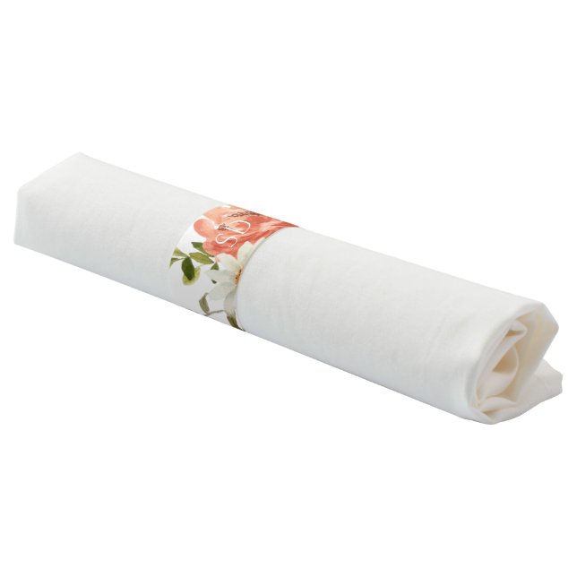 White Floral Watercolor Couple Initials Wedding Napkin Bands (Angled)