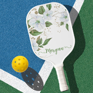 White Floral Watercolor Gold Glitter Script Name Pickleball Paddle