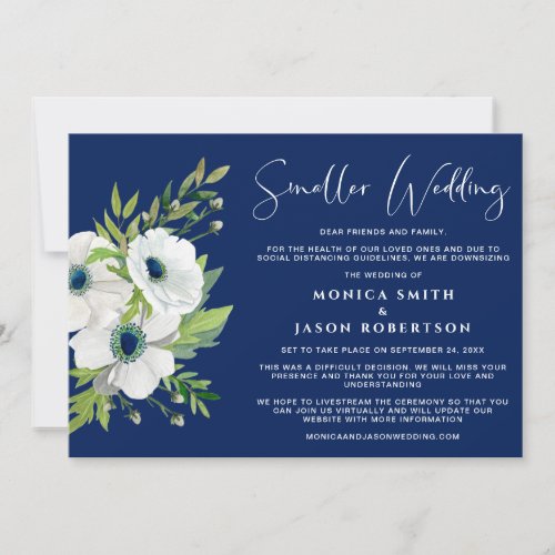 White Floral Watercolor Navy Blue Smaller Wedding Announcement