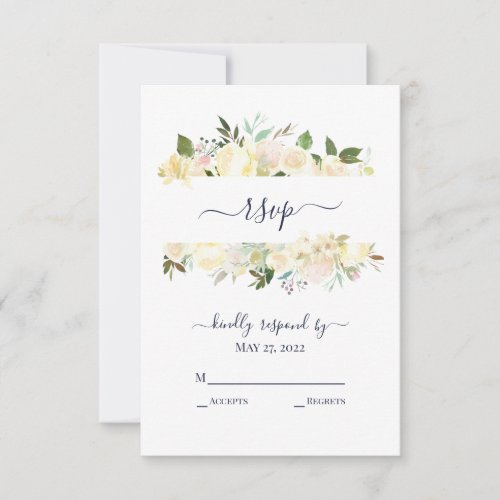 White Floral Watercolor Navy Blue Wedding RSVP Card