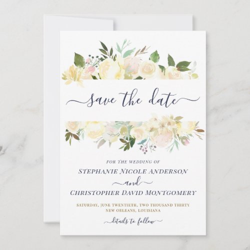 White Floral Watercolor Navy Formal Save the Date
