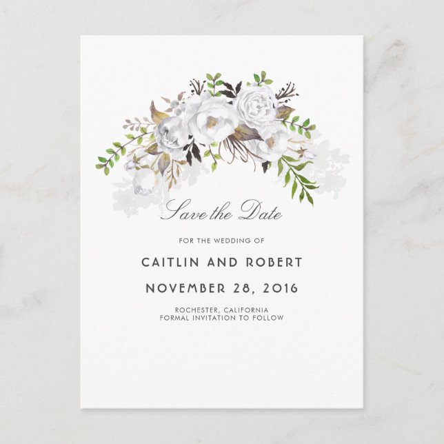 White Floral Watercolor Save the Date Announcement Postcard (Front)