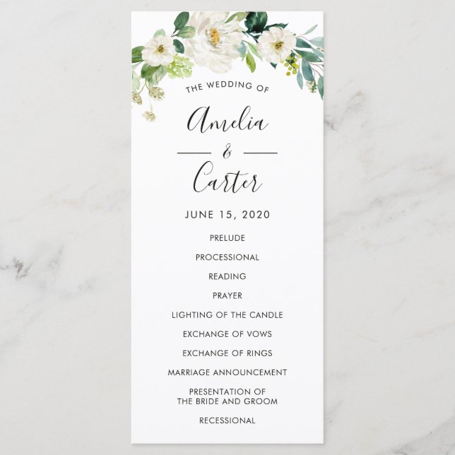 White Floral Watercolor Wedding Ceremony Program (Front)