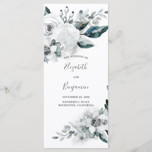 White Floral Watercolor Wedding Programs (Front)
