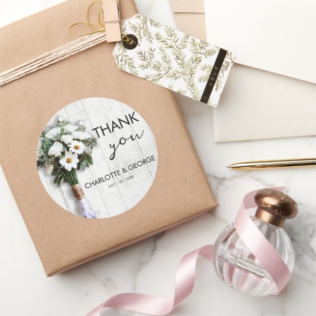 White floral wedding bouquet favors classic round sticker (Gifting)