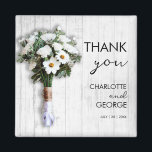 White floral wedding bouquet favors magnet<br><div class="desc">White floral wedding bouquet favors,  easily customized and personalized for your special wedding events by adding text of name and date</div>