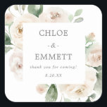 White Floral Wedding Cake Box Favor Sticker<br><div class="desc">Elegant white rose floral and sage green eucalyptus greenery square floral frame surrounds the bride and groom names,  a thank you sentiment and their wedding date.</div>