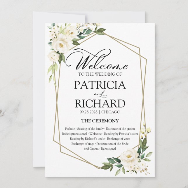 White Floral Wedding Ceremony Program Card (Front)