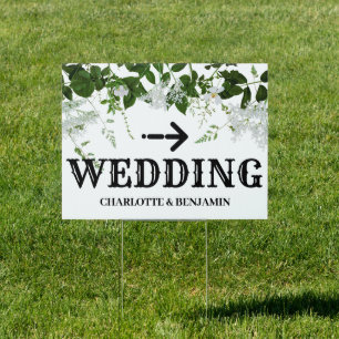 White Floral Wedding directional Yard Lawn  Sign