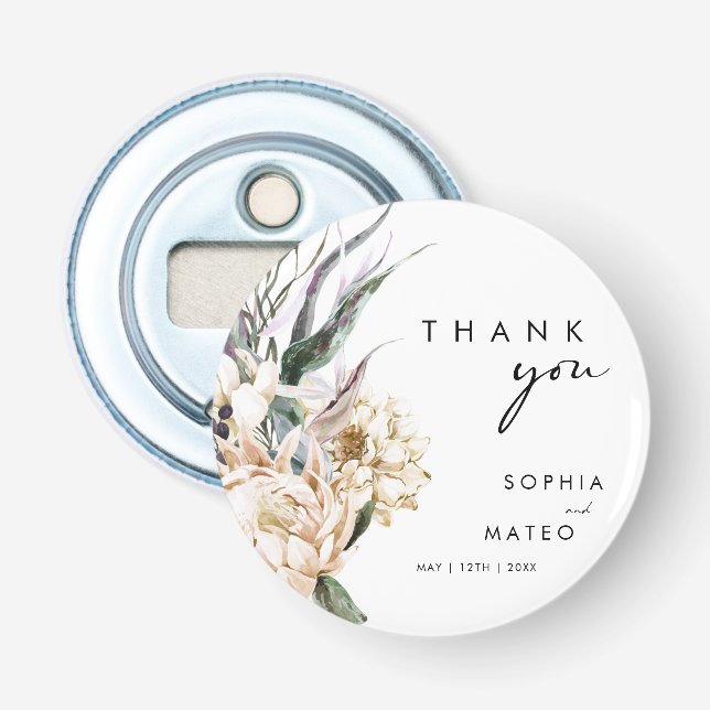 White Floral | Wedding Favor Button Bottle Opener (Front)