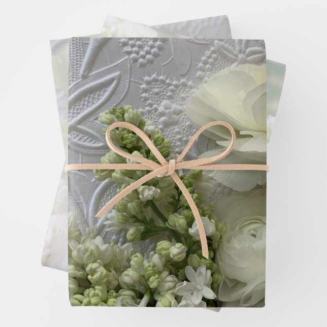 White floral wedding giftwrap wrapping paper sheets (In situ)