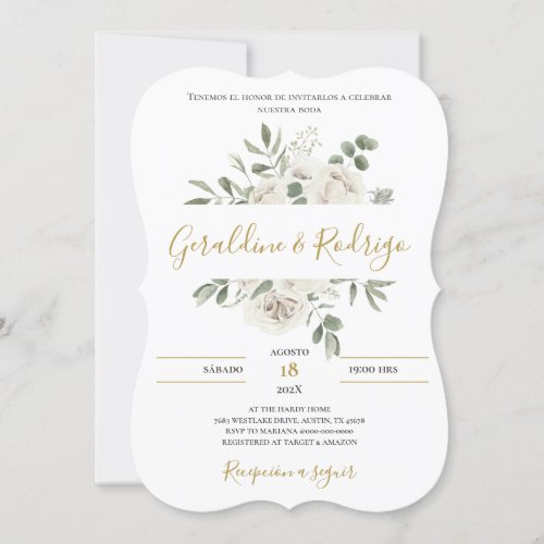 White Floral Wedding in Spanish Invitation