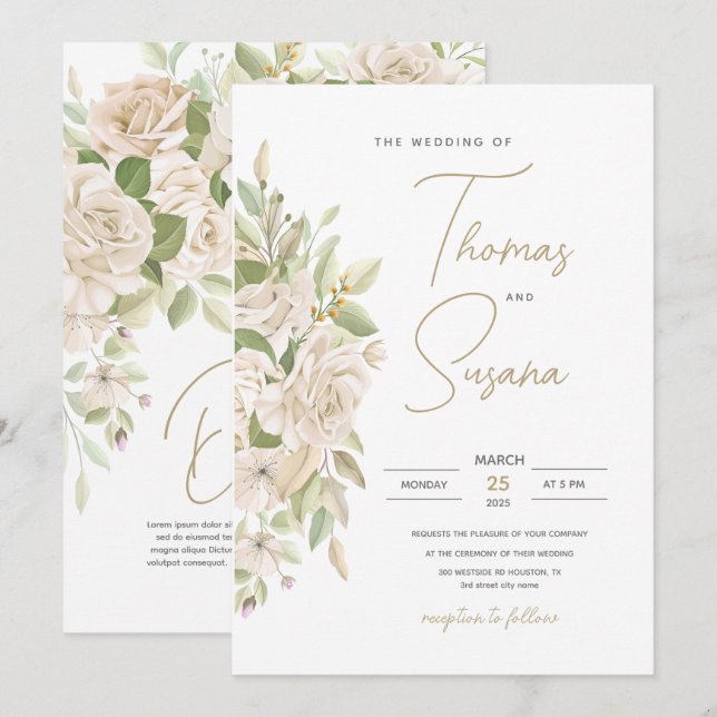 White Floral Wedding Invitation,  Greenery Wedding Invitation (Front/Back)