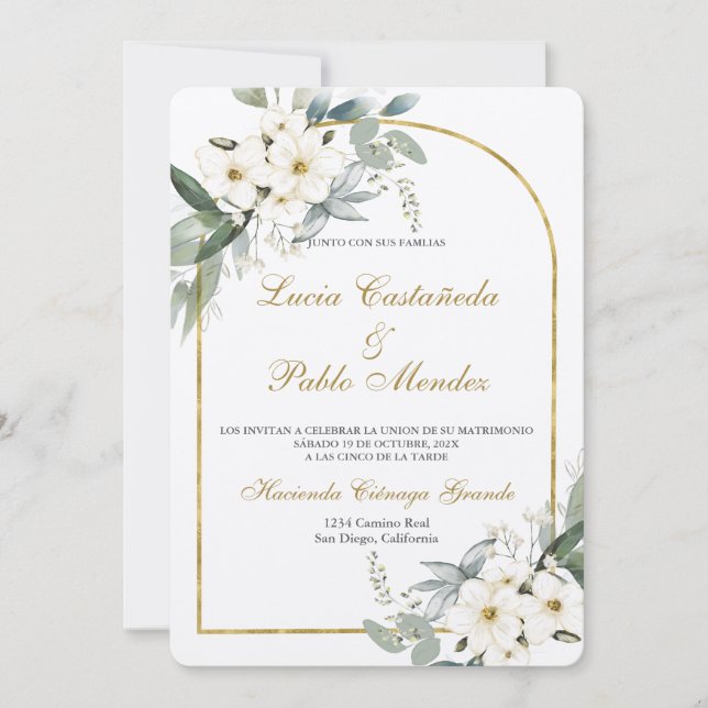 White floral wedding invitation Spanish (Front)