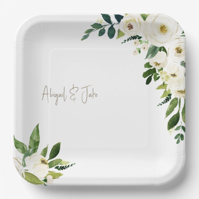 White Floral Wedding Paper Plates (Front)