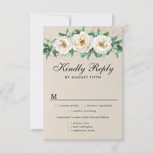 White Floral Wedding RSVP Card Meal Options