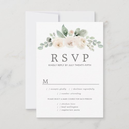 White Floral Wedding RSVP Card Meal Options