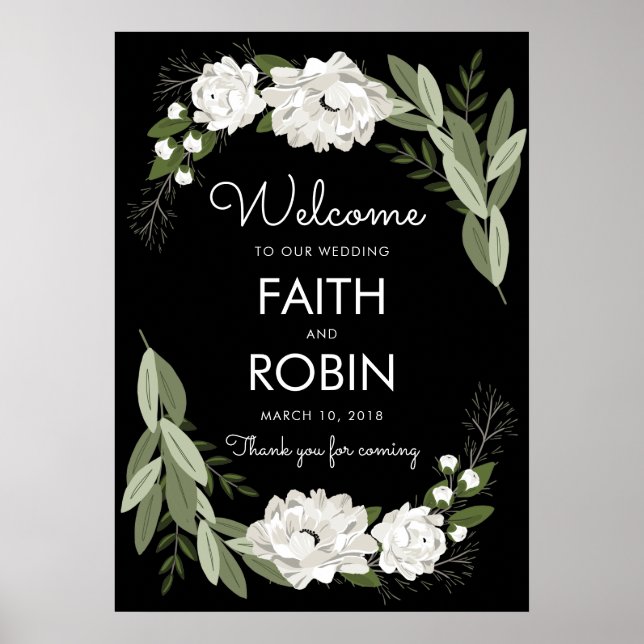 White Floral Wedding Sprigs Welcome Poster (Front)