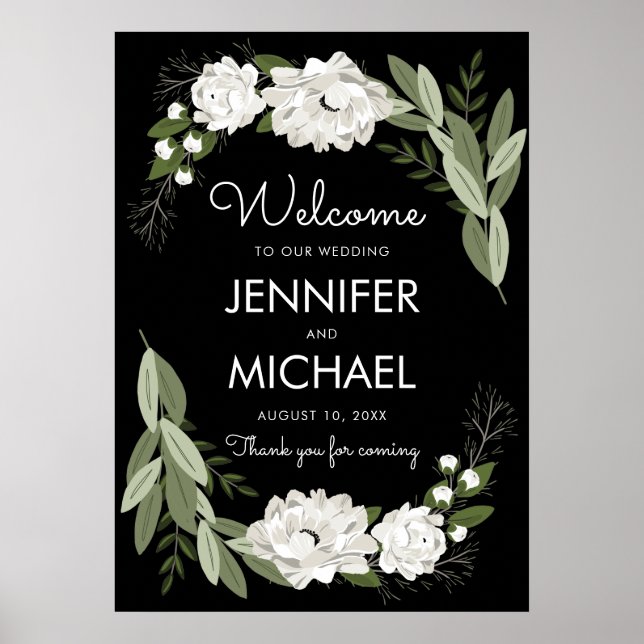 White Floral Wedding Sprigs Welcome Poster (Front)