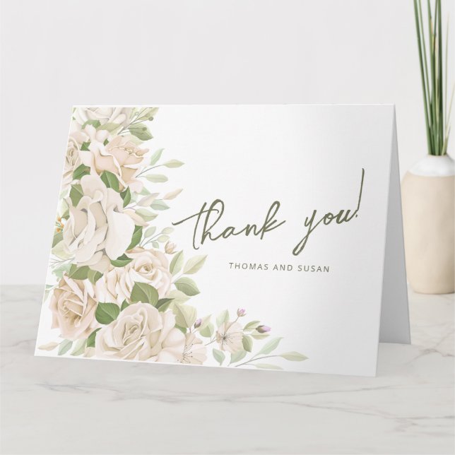 White Floral Wedding Thank You , Greenery Wedding Card (Front)