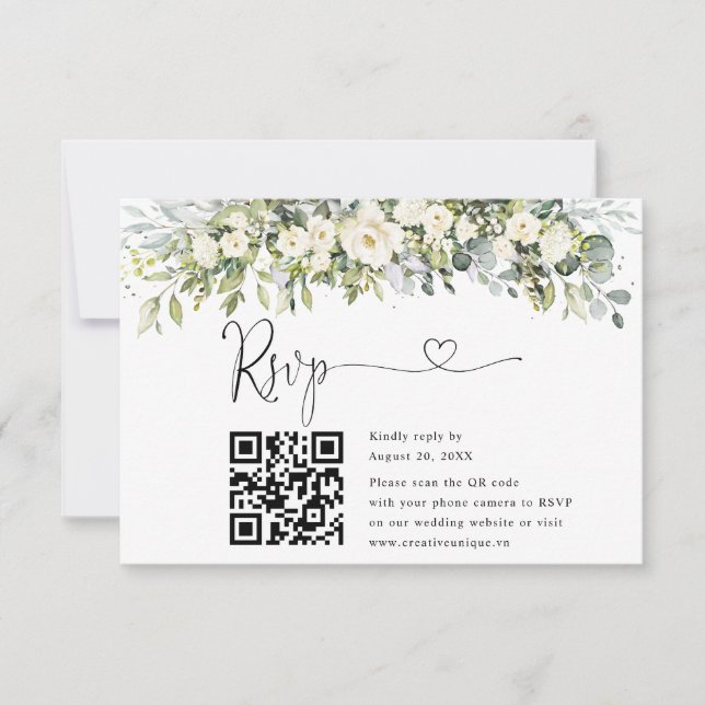 White Floral Wedding Website QR Code RSVP  Card (Front)