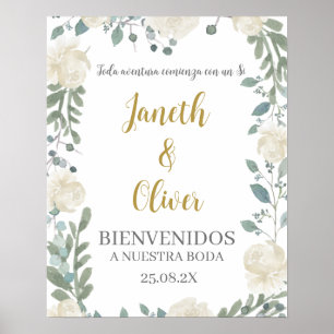 White floral wedding welcome sign in spanish