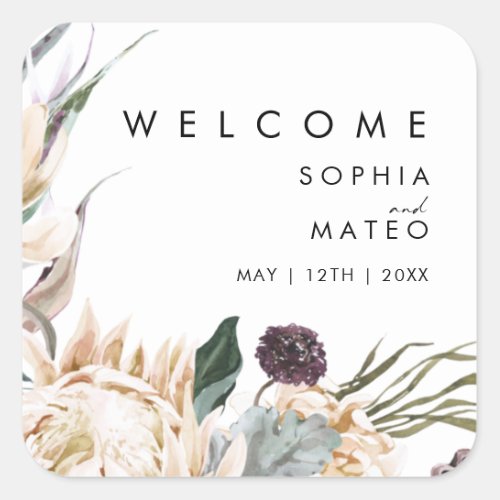 White Floral Wedding Welcome Square stickers