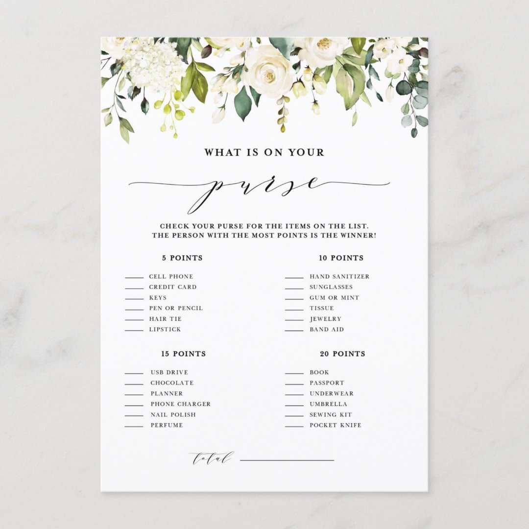 White Floral What's in Your Purse Shower Game Enclosure Card | Zazzle