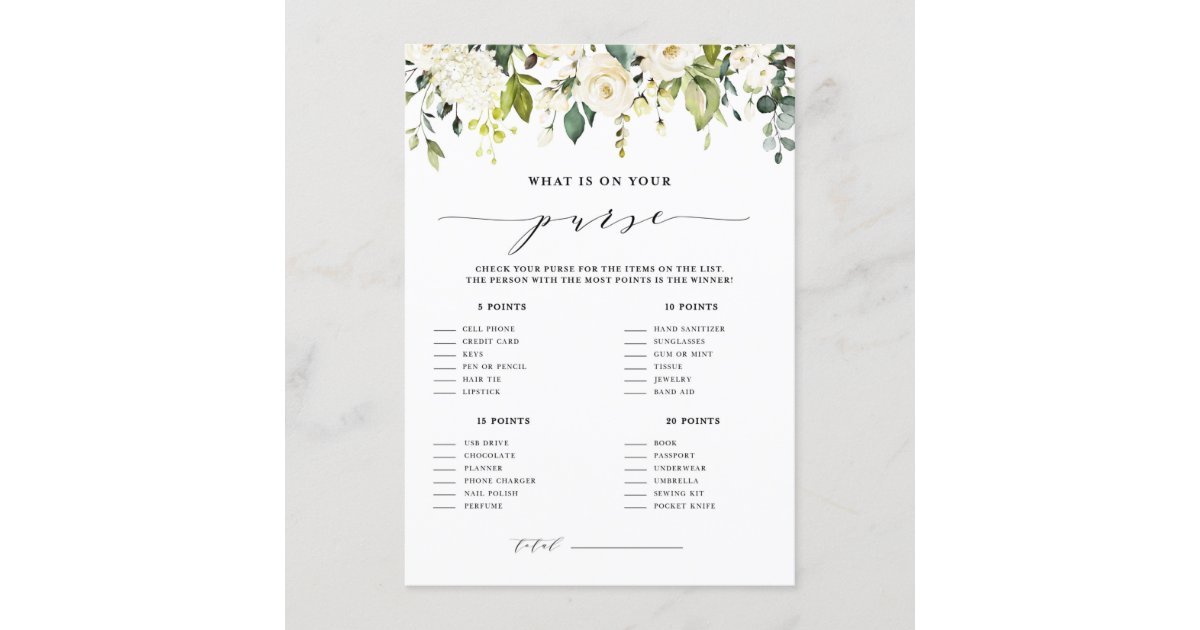 White Floral What's in Your Purse Shower Game Enclosure Card | Zazzle