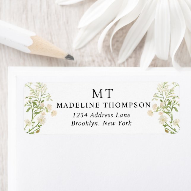 White Floral Wildflower Classic Monogram Address Label (Insitu)