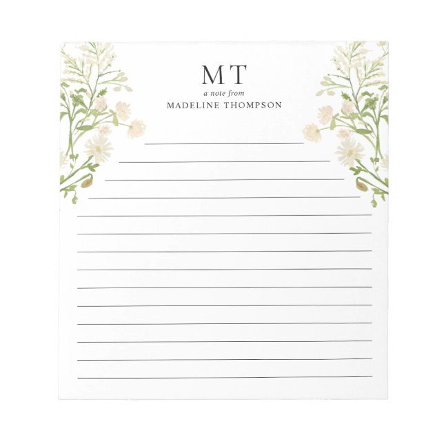 White Floral Wildflower Classic Monogram Lined Notepad (Front)