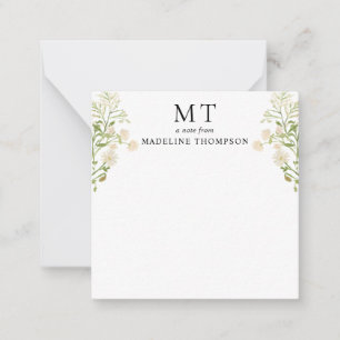 White Floral Wildflower Classic Monogram Square Note Card