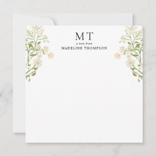 White Floral Wildflower Classic Monogram Square Note Card